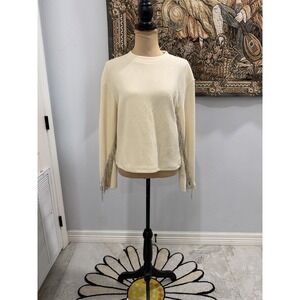 Rhinestone Fringe Sweater Womens Small Cream Ribbed Knit Long Sleeve Party‎